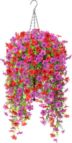 Artificial Hanging Flowers for Outdoors Fake Plants Decoration, 2 Packs Faux Silk Daisy Flower Realistic Outdoor Flowers UV Resistant Porch Patio Window Yard Indoor Spring Decor(Red Purple)