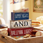 Lineshading 4 Pcs Baseball Decorations Stacked Wooden Blocks Signs with Bat Topper, Summer Nights Ballpark Lights Decor - Baseball Table Decor Ideal Gift for Fans Boys Room Party Coffee Shelf