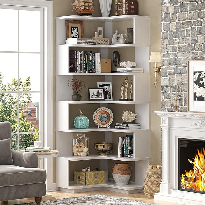 Armocity Corner Book Shelf - 7 Tier Corner Bookshelf Etagere Bookcase with Baffle, Freestanding L Shaped Display Shelf Stand for Home Office, Living Room, Bedroom, Kitchen, White