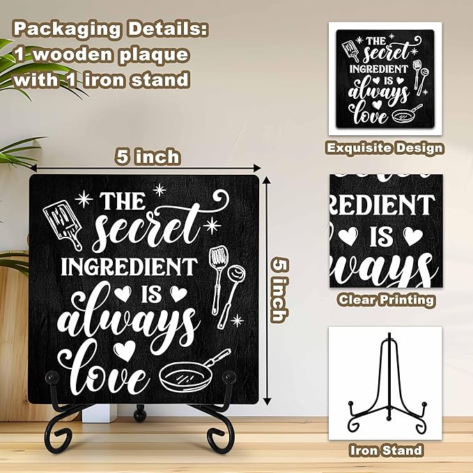 Kitchen Counter Decor, The Secret Ingredient Is Love Sign, Table Decorations for Dining Room, Farmhouse Kitchen Wooden Plaque with Iron Stand for Wall Shelf Decor-A04