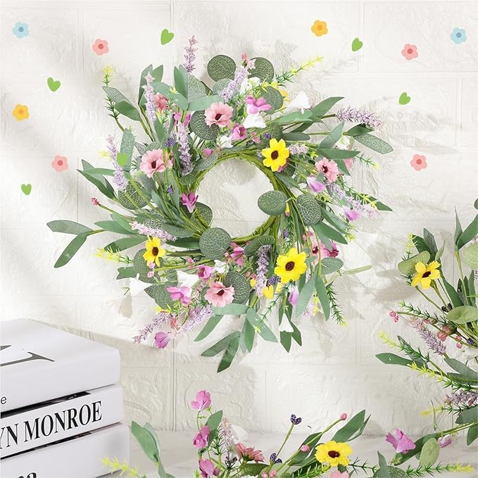 6 Pcs 9" Small Summer Wreath for Kitchen Cabinet Floral Candle Rings Wreaths Wildflower Wreath with Ribbon for Pillars Front Door Porch Wall Window Farmhouse Party Home Indoor Decor