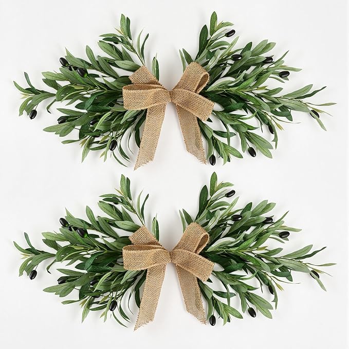 24" Handmade Artificial Olive Swag (2PC), Realistic Greenery Swag with Natural Burlap Bow, Easy to Hang Symmetrical Olive Branch Wreath for Front Door, Wedding Arch, Mantle & Farmhouse