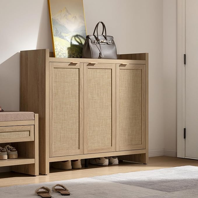 SICOTAS Shoe Storage Cabinet, 30 Pairs Rattan Shoe Cabinet Storage for Entryway, 6-Tier 41" Tall Large Shoe Cabinet, Boho Farmhouse Cabinet with Doors for Entryway Hallway Living Room, Light Oak