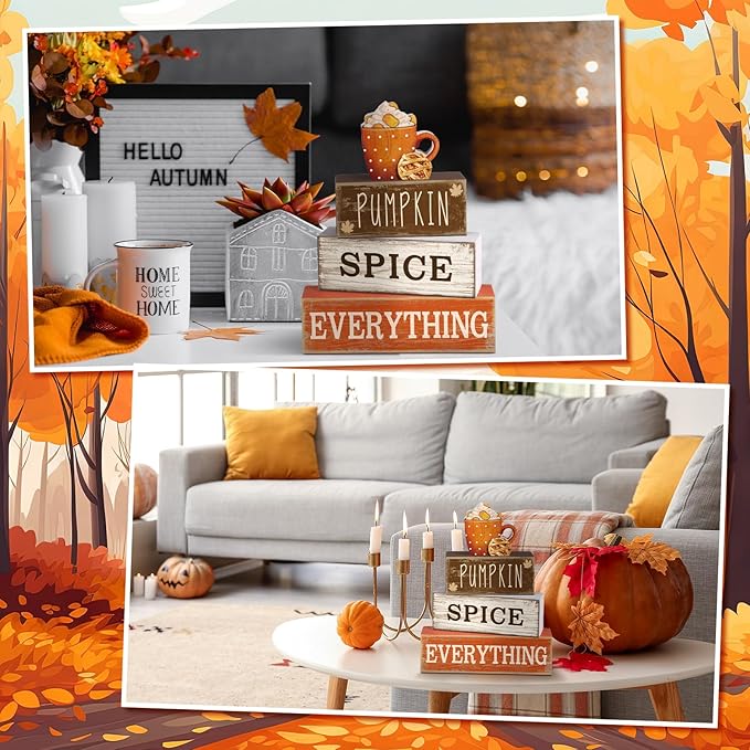 Moucuny 4 Pcs Thanksgiving Decorations for Home Fall Cup Decor Thanksgiving Table Centerpiece Fall Tiered Tray Decor Rustic Wooden Cup Block Sign Gift Farmhouse for Harvest Party Home Kitchen