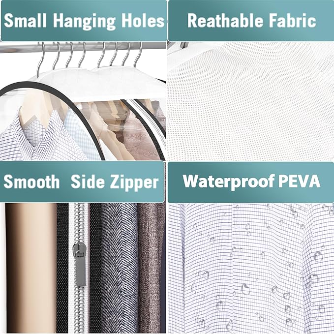 Clear Garment Bag for Hanging Clothes 10” Gusseted, 60” Suit Bags for Open Closet Storage Plastic Clothes Cover for Coat, Dress, Shirts, Fur, Jacket, Wardrobe Protectors, 4 Pack