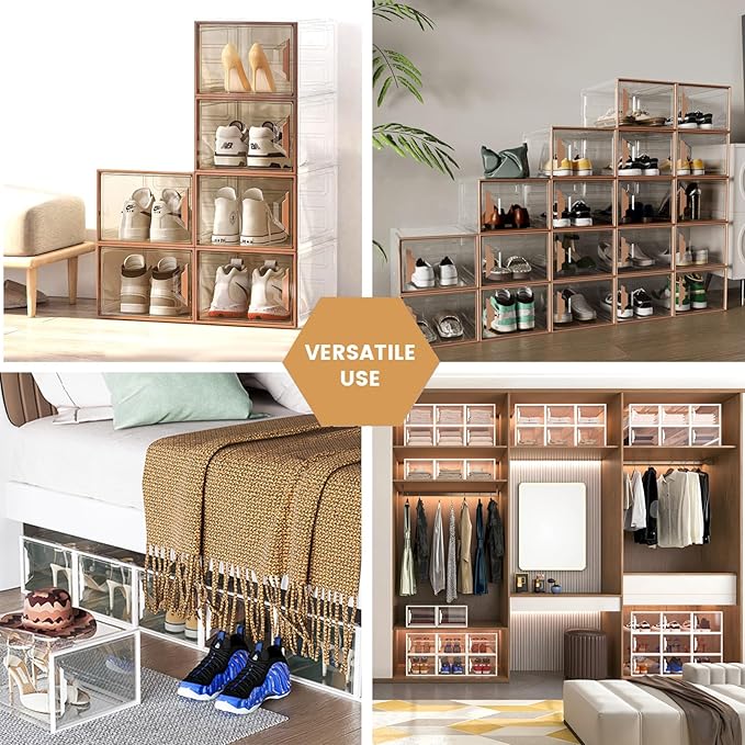 X-Large Stackable Shoe Boxes - Clear Plastic Shoe Storage Boxes with Magnetic Door, Thicken Shoe Organizer for Closet, Space Saving Foldable Shoe Containers Bins for Sneaker Boot - 6 Pack(Brown)