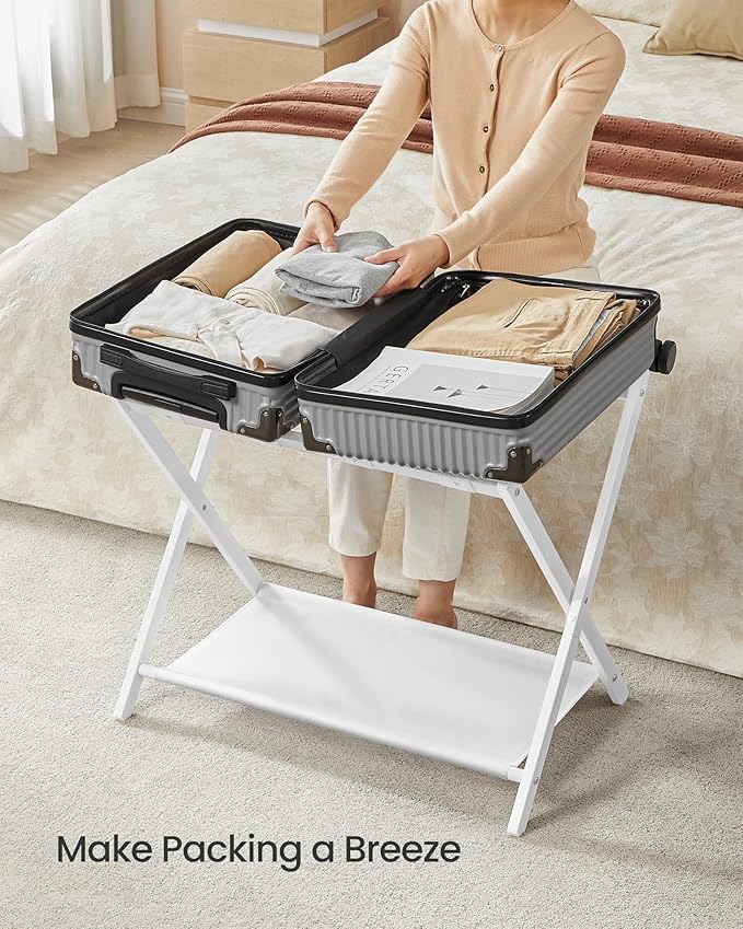 SONGMICS Luggage Rack for Guest Room, Suitcase Stand with Storage Shelf, Steel Frame, Foldable for Easy Storage, Hotel, Bedroom, Cloud White URLR003W01