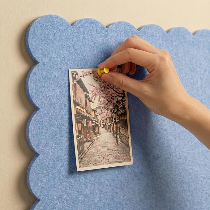 Scalloped Felt Board 36x24 Inches - Self-Adhesive Foldable, with 30 Pushpins, Cork Board Alternative - Decorative Pin Board for Wall, Home, Office & School (Light Blue, 36"x 24")