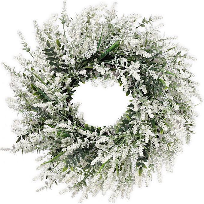 26'' Large Lavender & Eucalyptus Wreath for Front Door - Artificial Eucalyptus Leaves Greenery Outdoor Wreath for Wedding Farmhouse Porch Wall Room Home Decor (White)
