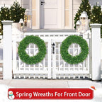 22 Inch Boxwood Wreath for Front Door Realistic with Welcome Sign Faux Easter Green Preserved Boxwood Wreaths Outdoor Spring Wreaths for Front Door Outside for Porch Farmhouse Wall Home Decor