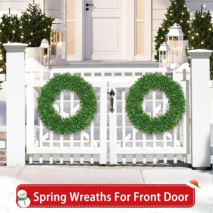 22 Inch Boxwood Wreath for Front Door Realistic with Welcome Sign Faux Easter Green Preserved Boxwood Wreaths Outdoor Spring Wreaths for Front Door Outside for Porch Farmhouse Wall Home Decor