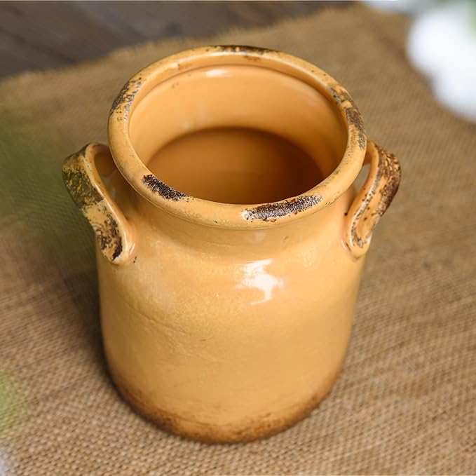 Quoowiit Ceramic Rustic Farmhouse Vase, Distressed Decorative Flower Vase for Home Decor, Ideal Shelf Decor, Yellow Boho Vases for Living Room Bedroom Kitchen Office Centerpiece Table Decorations