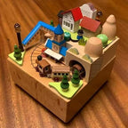 Natural Solid Wood Handcrafted Beech Wooden, Musical FigureTotoro/Carousel/Fairy/Ballerina Figurine,Rotating Hand Crank Mechanism Music Box,Musical Decorations (Bell Tower and Train)