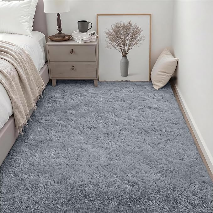 6x9 Area Rugs for Living Room Bedroom: Ultra Soft Fluffy Shag Rug Upgrade Non-Slip Non-Shedding Large Fuzzy Plush Carpet Indoor Floor Carpets for Kids Room Playroom Nursery Dorms Home Decor Light Gray