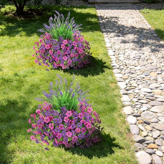 INQCMY Artificial Flowers for Outdoors UV Resistan 12 Pcs Silk Daisies with Eucalyptus Leaves and 2 Pcs Lavender Suitable for Porch Balcony Courtyard Garden (Red Lotus Deep Purple)