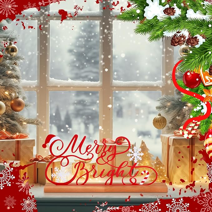 Teenyyou Christmas Table Decoration Merry Bright Christmas Metal Word Sign Merry Bright Table Centerpiece Xmas Party Decor Gift with Wooden Base for Holiday Tabletop Desk Decoration