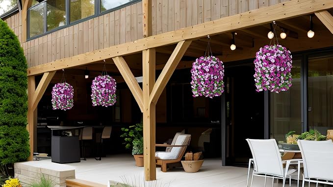 Artificial Flowers with Hanging Basket, Outdoor Faux Plants Silk Morning Glory Vines, Fake Green Arrangement for Garden Patio Spring Summer Decor(Darkorchid)