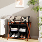Luggage Rack for Guest Room, Folding Suitcase Stand with Fabric Storage Shelf, Upgraded Bamboo Luggage Holder, Steel Foldable Luggage Stand for Guest Room, Bedroom, Hotel, Walnut