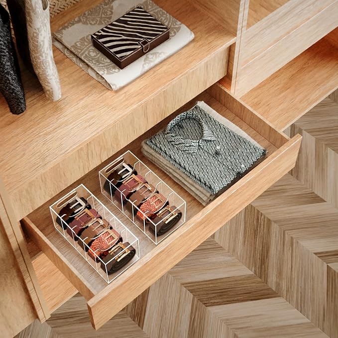 Acrylic Belt Organizer Holder for Closet with Dust Cover Lid - Clear Storage Display Case for Drawer - 5 Compartments