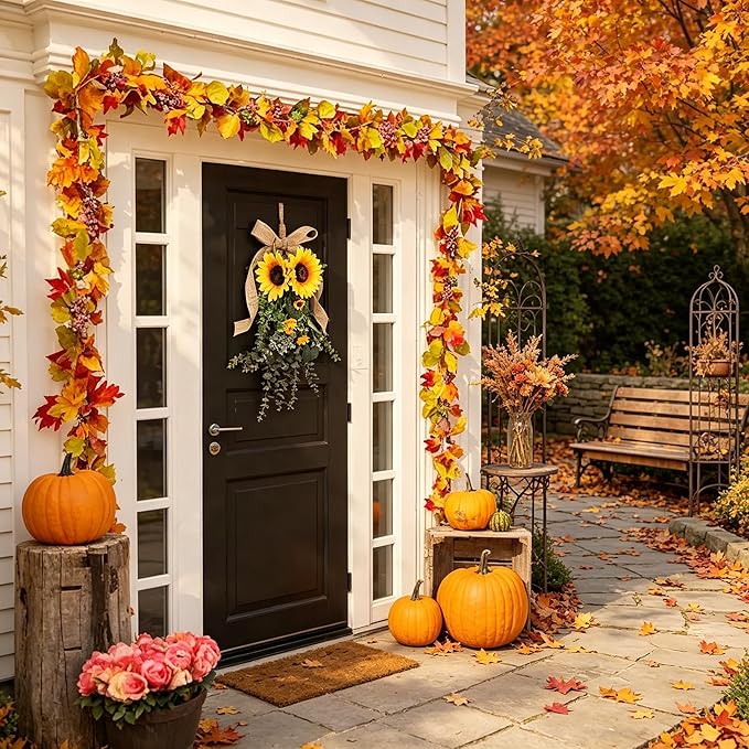 Generic 24 in Sunflower Swag, Artificial Floral Garland with Burlap Bow, Rustic Door Swag for Front Door Outside, Summer Sunflower Wreath Decor for Home Window Farmhouse. (2Pcs)