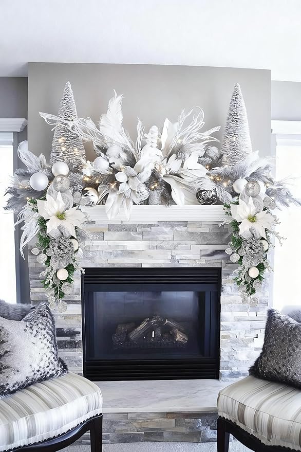 Silver Christmas Swag with Glitter Poinsettia, Pinecones, Ornaments and Mesh Ribbon 23.6" White and Silver Teardrop Swag for Christmas Decorations Artificial Wall Door Hanging Holiday Decor
