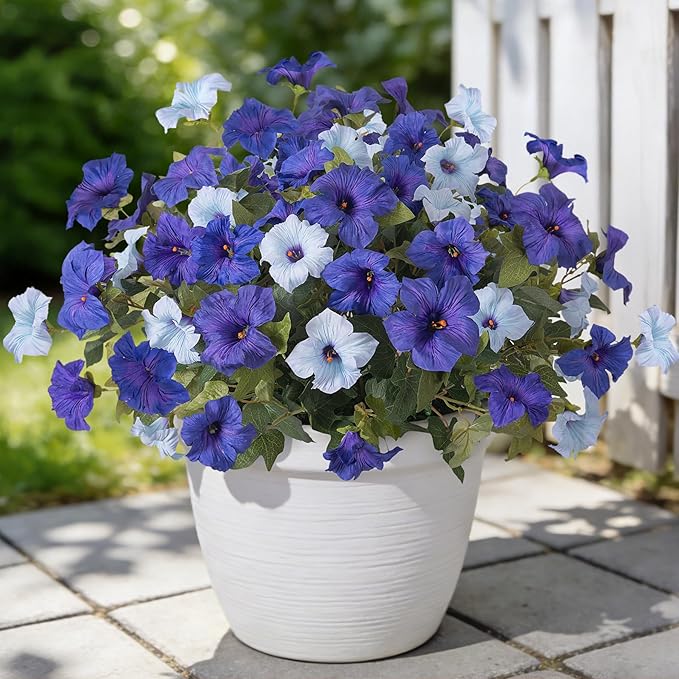 6 Pcs Artificial Flowers Fake Petunias for Outdoors, Faux Flowers for Outdoor Planter, UV Resistant Realistic Fake Plants for Outside No Fade for Garden Porch Patio Indoor Room Decor(Blue)