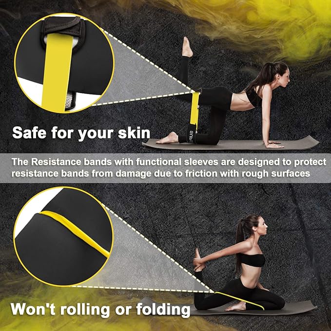 Supertrip Resistance Loop Bands with Protective Sleeves Booty Bands for Women Men 2 Pack Latex Resistance Bands and 1 Pair Non-Slip Functional Sleeves Nylon Webbing Neoprene Padding