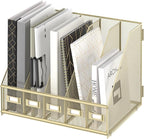 SUPEASY Desk Organizers Metal Desk Magazine File Holder with 5 Vertical Compartments Rack File Organizer for Office Desktop, Classroom, Home Workspace, Golden Yellow