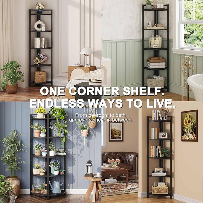 FATORRI Rustic Tall Corner Shelf, 5 Tier Industrial Corner Bookshelf for Living Room, Dark Wood and Metal Corner Plant Stand for Balcony (Black)