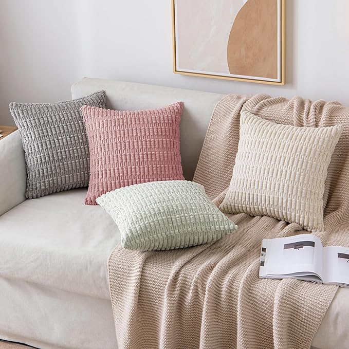MIULEE Pack of 2 Corduroy Decorative Euro Throw Pillow Covers 24x24 Inch Soft Boho Striped Pillow Covers Modern Farmhouse Home Decor for Sofa Living Room Couch Bed Blush Pink Spring Valentine Decor