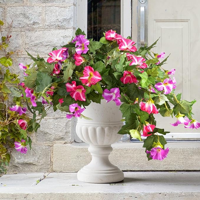 Artificial Morning Glory Fake Flowers for Outdoor Planter Decoration, 2 Pcs Petunias Realistic UV Resistant Faux Silk Flowers for Garden Balcony Porch Indoor Decor (Fuchsia)