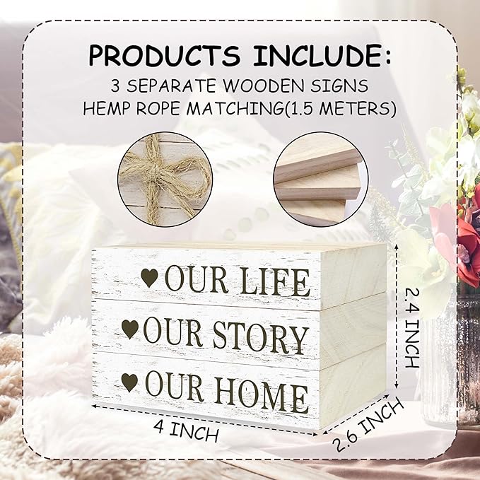 Decorative Books For Home Decor, Rustic Wood Book Stack For Table Decor, Our Life Our Story Our Home Decor Books For Living Room Bookshelf, Farmhouse Stacked Books Decor (L17)