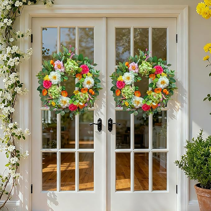 Pinkpuii 24 Inch Spring Wreaths for Front Door- Outdoor Spring Summer Flower Wreath with Vibrant Peony Hydrangea Flower, Green Eucalyptus Leaves and Orange Berry- Ideal for Porch,Mantel,Home Wall
