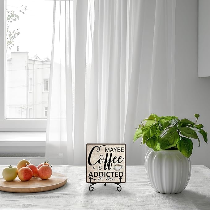 Coffee Bar Decor Sign, Coffee Is Addicted, Funny Farmhouse Home Wooden Plaque with Iron Stand, Cafe Station Decor for Coner-A14