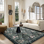 Washable Area Rugs 6x9 Black Green Vintage Floral Botanical Pattern,Perfect for Living Room, Bedroom, Kids Room, Nursery - Stain & Water Resistant Non-Slip, Pet & Child Friendly/Bedroom Decor