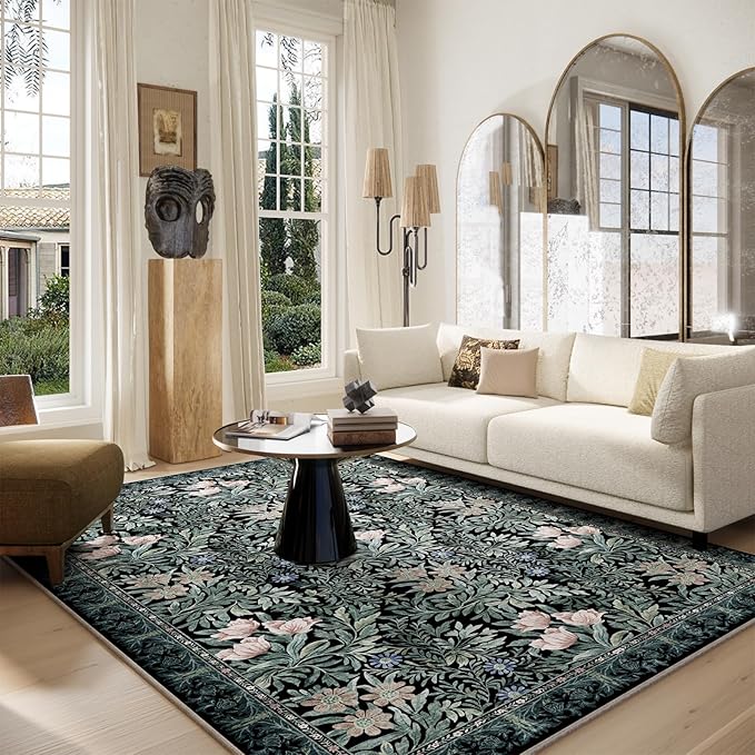 Washable Area Rugs 6x9 Black Green Vintage Floral Botanical Pattern,Perfect for Living Room, Bedroom, Kids Room, Nursery - Stain & Water Resistant Non-Slip, Pet & Child Friendly/Bedroom Decor