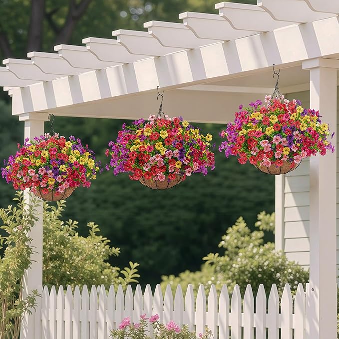 2 Set Artificial Faux Hanging Plants Flowers Basket for Outdoors Spring Summer Decoration, 2 Hanging Planters with 24pcs Fake Silk Flowers UV Resistant for Outside Porch Patio Garden Home 6 Multicolor