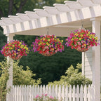 2 Set Artificial Faux Hanging Plants Flowers Basket for Outdoors Spring Summer Decoration, 2 Hanging Planters with 24pcs Fake Silk Flowers UV Resistant for Outside Porch Patio Garden Home 6 Multicolor