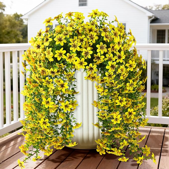 Artificial Hanging Flowers Plants for Outdoor Spring Summer Decoration, 2PCS Faux Silk Daisy UV Resistant Look Real for Outside Home Indoor Planter Porch Garden Yard Decor(Yellow)
