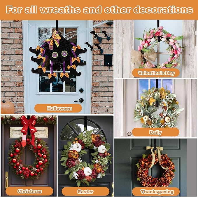 PECULA 2 Pack 14' Wreath Hangers for Front Door, Wreath Hanger 40lb Load-Bearing, Metal Wreath Hanger for Welcome Sign, Door Decorations (Black)