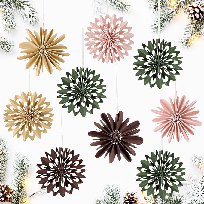 EASY JOY 9Pcs Christmas Hanging Decorations - 3D Paper Christmas Tree Hanging Decor Pink Green Brown Snowflake Ornaments Christmas Decorations Outdoor Indoor for Xmas Party,Boho Home,Window Door Decor