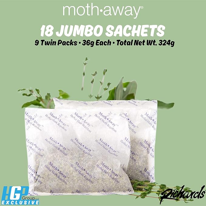 Richards Homewares Moth Away Herbal Repellent – 18 Jumbo Sachets with Hanging Hooks, All-Natural & Non-Toxic Moth Protection, Fresh Mint Scent, Made in USA