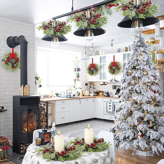 8 Pcs 9 Inch Christmas Artificial Wreaths for Kitchen Cabinet Norfolk Pine Garland with Red Berries Pinecones Wreaths Swags Snowy Pine Candle Rings Holder for Christmas Decorations Table Centerpiece