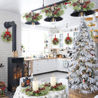 8 Pcs 9 Inch Christmas Artificial Wreaths for Kitchen Cabinet Norfolk Pine Garland with Red Berries Pinecones Wreaths Swags Snowy Pine Candle Rings Holder for Christmas Decorations Table Centerpiece