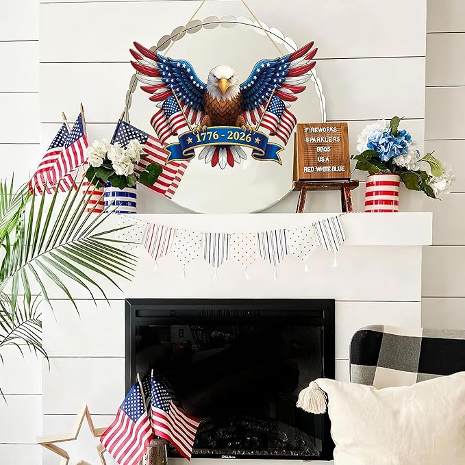 250 Anniversary 4th of July Decoration Door Wreath for Front Door Sign Patriotic Eagle Wall Signs 250 Years of Freedom 1776-2026,Independence Day Patriotic Day Wreath Memorial Day Hanging for Home
