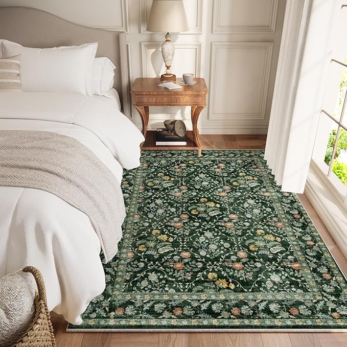 Vintage Botanical Dark Green Area Rug 4x6 Elegant Floral Pattern, Durable Stain-Resistant Fabric, Perfect for Living Room, Bedroom, Dining Room Decor