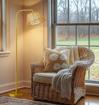 Oneach Arc Floor Lamp for Living Room,Rattan Boho Floor Lamp with Hand-Woven Wicker & Fabric Shade, Foot Switch,Gold Metal Base & Pole,Farmhouse Standing Lamp for Bedroom Corner,Office,Reading