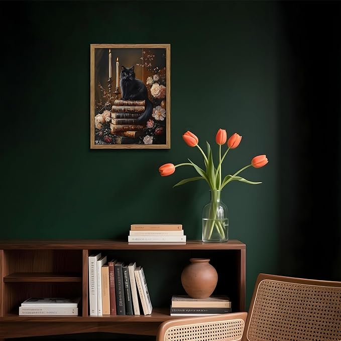Vintage Dark Academia Framed Wall Art, Victorian Black Cat Floral Canvas Prints, Antique Book Wildflower Gothic Wall Decor for Living Room Gallery Library – Dark Wooden Frame 12x16in