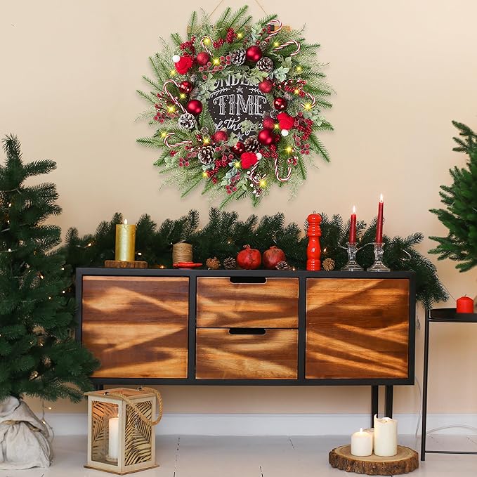 22’’ Artificial Christmas Wreath for Front Door with Red Balls Candy Canes Pine Needles Red Berries Pine Cones Christmas Decorations for Winter Wall Outdoor Home Holiday Xmas Decor