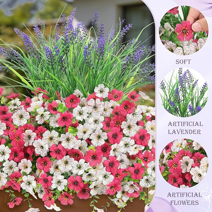 INQCMY Artificial Flowers for Outdoors UV Resistan 12 Pcs Silk Daisies with Eucalyptus Leaves and 2 Pcs Lavender Suitable for Porch Balcony Courtyard Garden (Rose Red White)